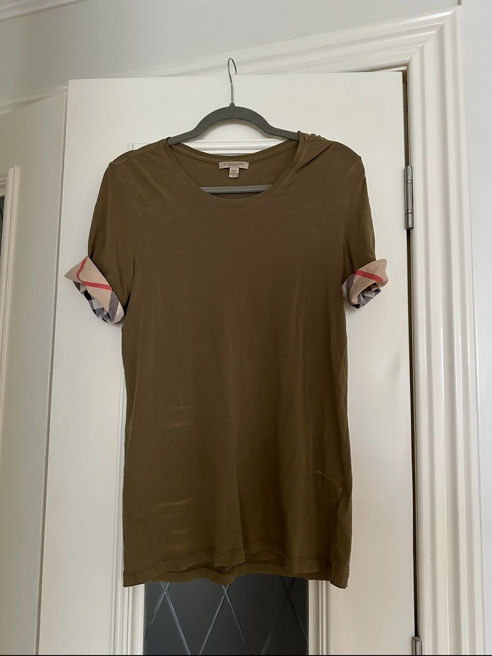 Burberry Olive Crewneck Tee with Signature Check Cuff